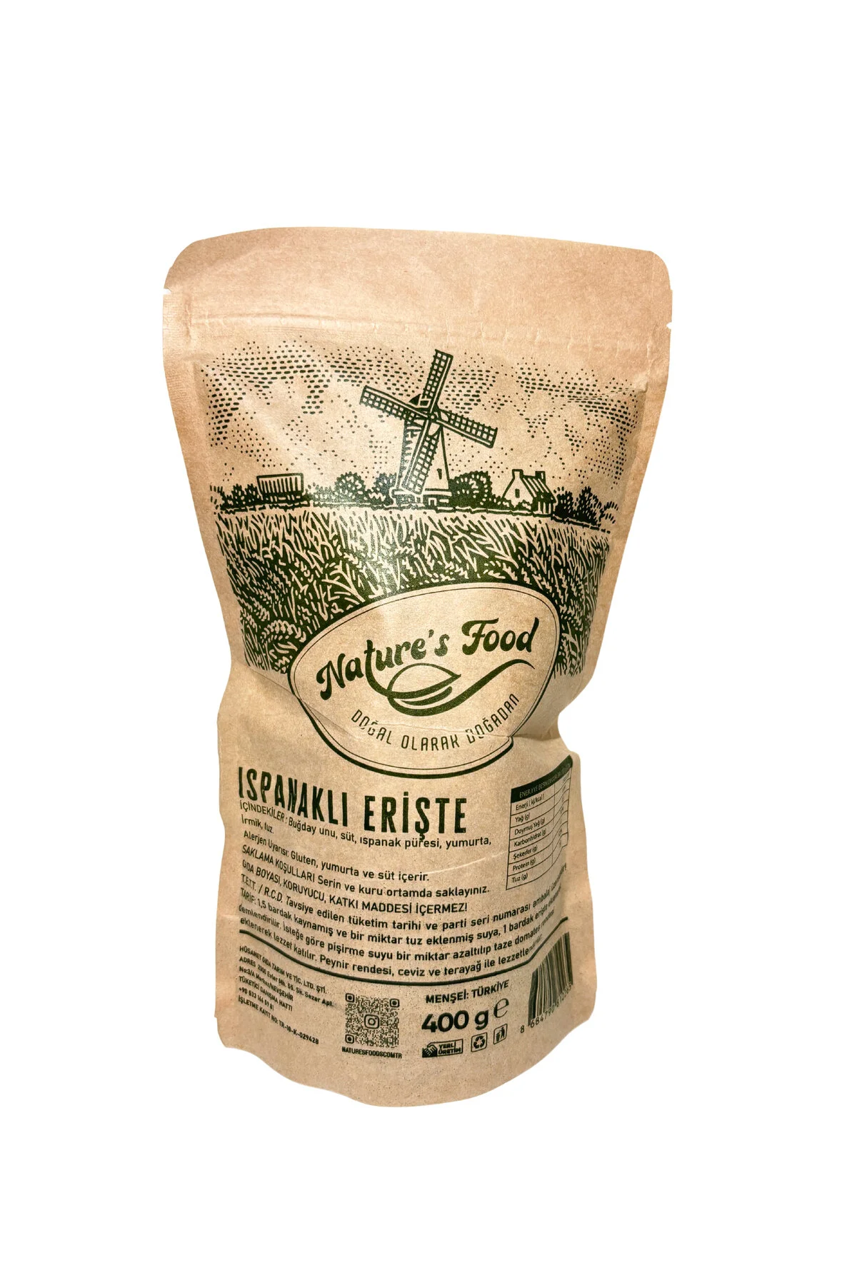 Ispanaklı Erişte 400gr Buğday Unu, Süt, Ispanak Püresi, Yumurta, Irmik, Tuz.