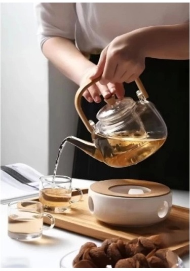 Bambu Saplı Cam Filtreli Demlik Şeffaf