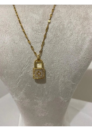 Gold Renk Taş Detaylı Kilit Model Kolye Altın