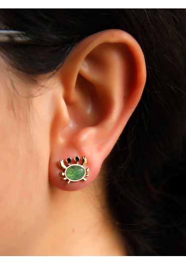 Esha Store Doğal Taş Yeşil Akik Doğal Taşlı Yengeç Altın Kaplama Kadın Küpe Euk21ya Yeşil