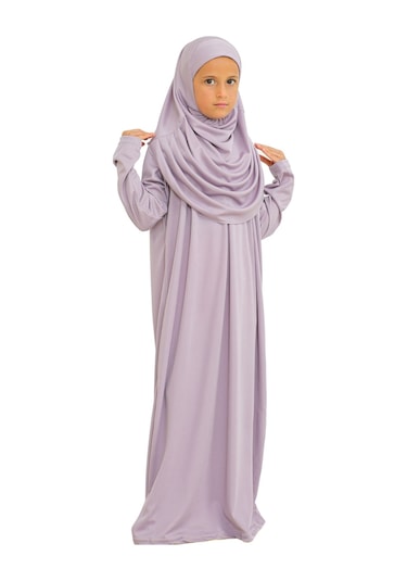 İki Parça Çocuk Elbisesi Seti Eşarp İle Takım Lila