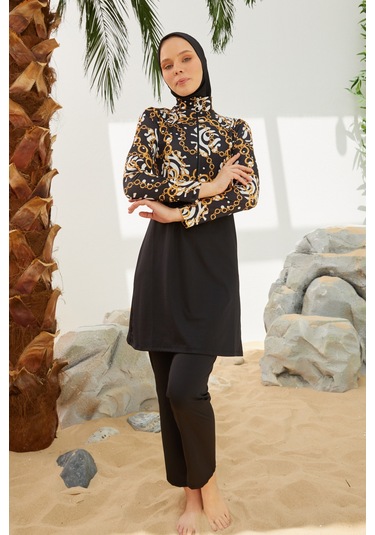 Likralı Tam Kapalı Tesettür Mayo Deniz Mayosu T2123-24 Siyah
