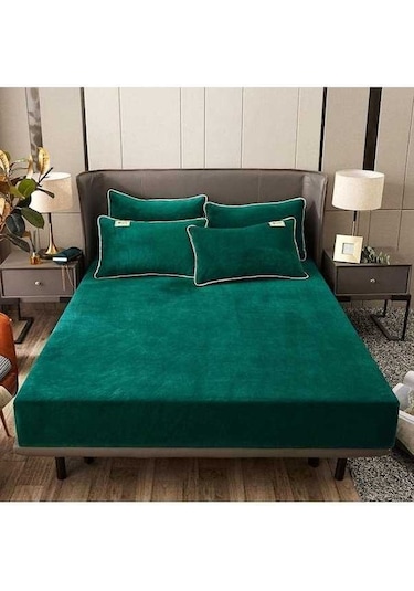 Novahub Yeşil Kadife Kraliçe Yatak Örtüsü, Kış Çarşaf Koruyucu, Kaymaz İkiz Yastık Kılıfı, Kadife Malzeme, 4 Renk Seçeneği Yeşil