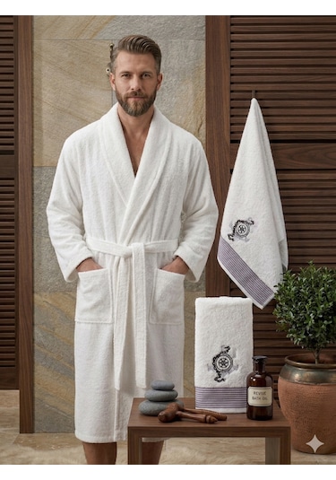 Premium 2'li Aile Bornoz Seti Çeyizlik Pamuklu Hediyelik Banyo Takımı L/xl Krem