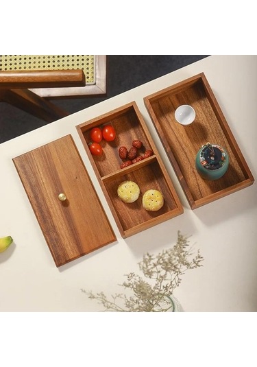 Pazly Ahşap Kapaklı 2 Katlı Kurutulmuş Meyve Tepsisi, Ev Şeker Akasya Saklama Kutusu, Kahverengi Çok Katlı İstiflenebilir Ceviz Tepsisi Kahverengi