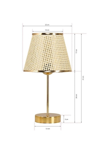 Star Gold Ayaklı Abajur Altın Şeritli Hasır Başlık Yatak Odası Salon Masa Lambası 2 Adet Altın Krem