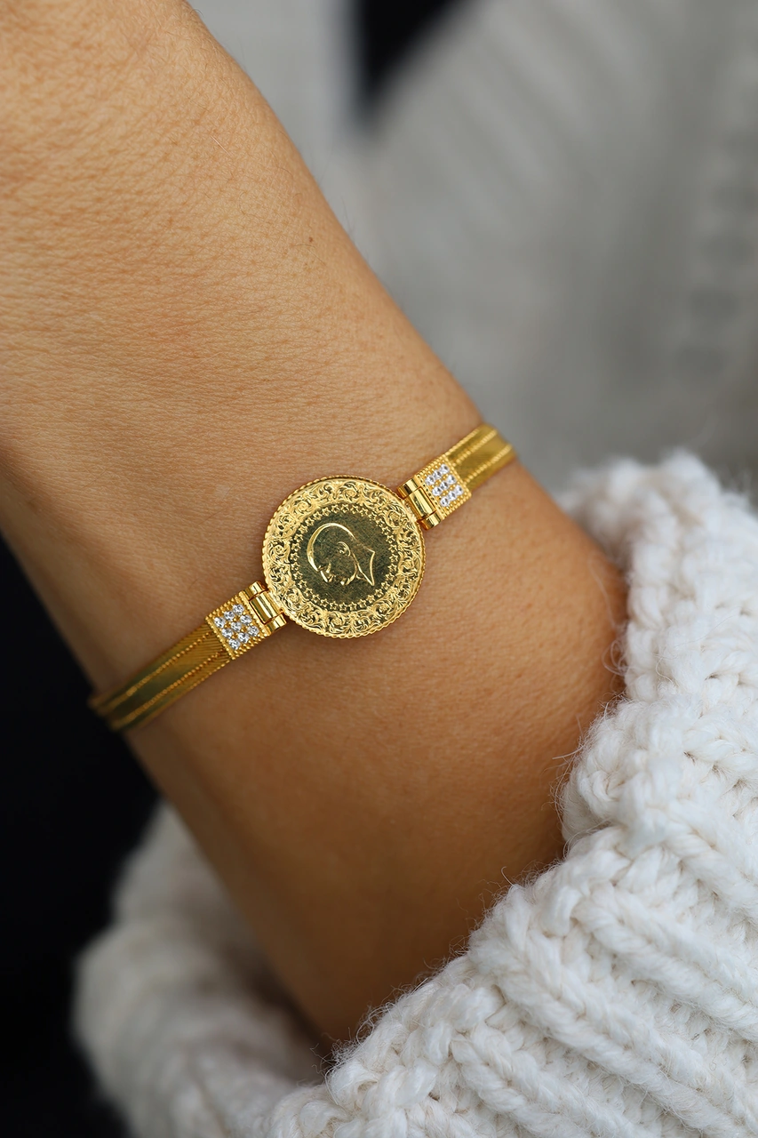 14 Ayar Altın Taş Ve Trabzon Hasır Detaylı 22 Ayar Çeyrekli Bileklik Blk34845