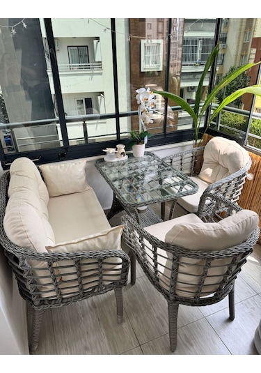 Kartepe 2 1 1 Rattan Bahçe Balkon Takımı Açık Krem