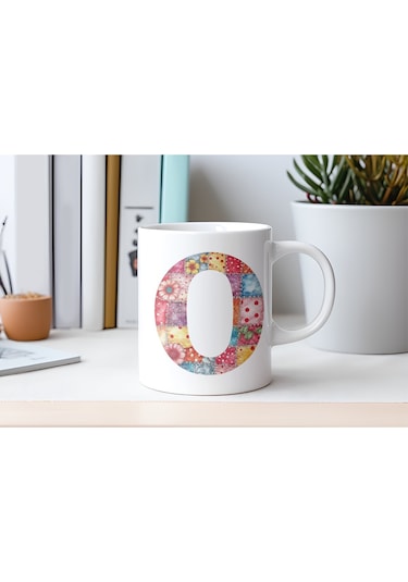 O Harfli Retro Çiçekli Kupa Bardak - Patchwork Tarz Yamalı Desenli İsme Özel Kupa - Hediye 07 Beyaz