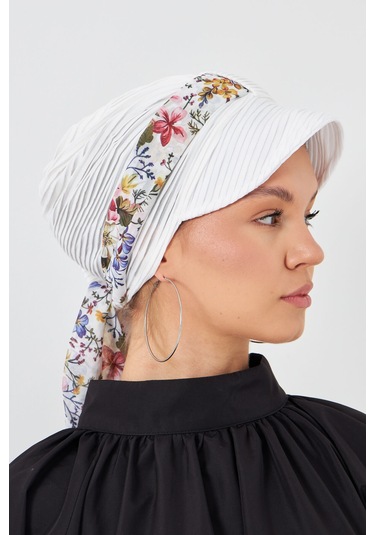 Krem Şapkalı Tesettür Bone Kesik Elyaf Desenli Şifon Kemerli 1902 Krem