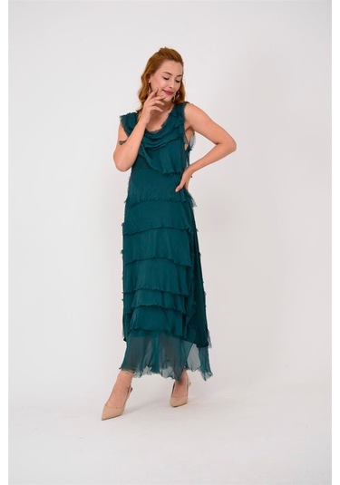 Italyan 2 Beden İnce Gösteren Kat Kat Kolsuz Ipek Elbise Zümrüt Yeşili