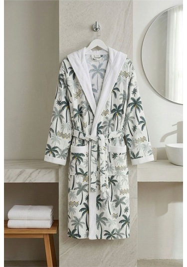 Tropical Breeze Pamuklu Desenli Kapüşonlu Bornoz Yeşil Palmiye