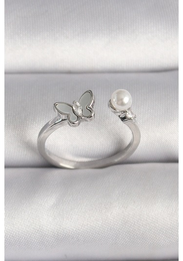 Pirinç Gümüş Renk Zirkon Taş Detaylı Beyaz Mineli Kelebek Figür İnci Detay Ayarlanabilir Yüzük - Tj-byk3524 Çok Renkli