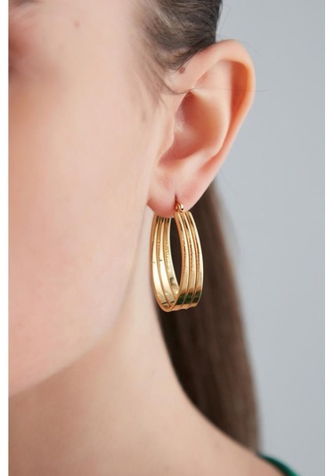 Oqqo Üçlü Sıralı Oval Halka Çelik Küpe Altın