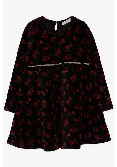 Breeze Kız Çocuk Kadife Elbise Çiçekli 2-6 Yaş, Siyah