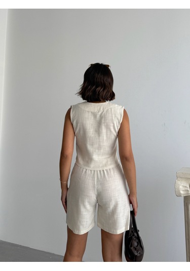 Kadın Keten Yelek Şort Alt Üst Takım Krem