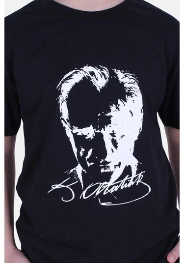 Atatürk Baskılı İmzalı Siyah Unisex Çocuk T-shırt-siyah Siyah