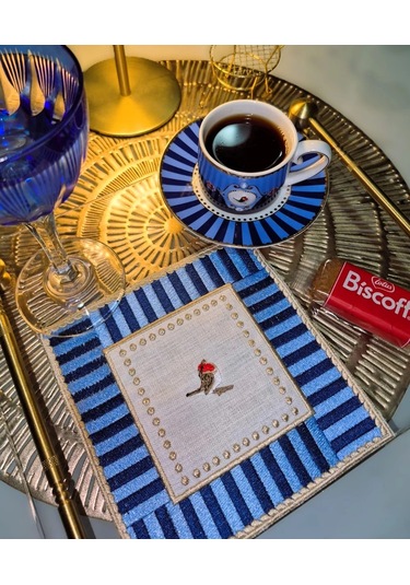 2 Adet Mavi Pip Studio Uyumlu Nakışlı Love Bird Detaylı Kokteyl Sunum Peçetesi Çok Renkli