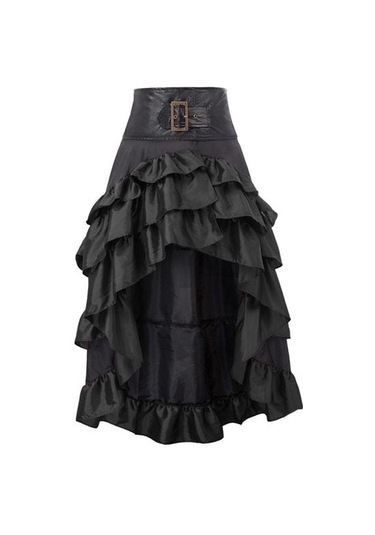 Kadın Etek Yüksek Bel Düzensiz Fırfır Patchwork Renk Eşleştirme Retro Dağınık Ortaçağ Kraliyet Tarzı Bayan Maxi Etek Performans Kostüm Siyah