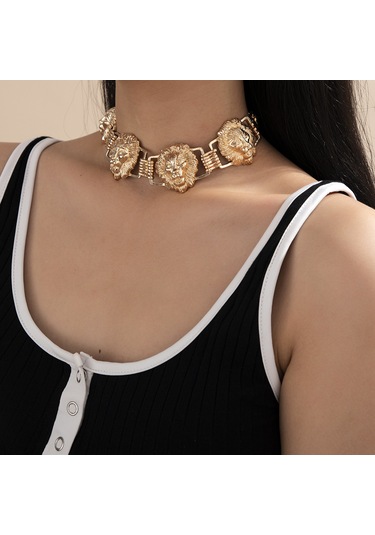 Mücevher Kişiliği Geometrik Punk Hayvan Kolyesi Abartılı Metal Kabartma Aslan Başı Üç Boyutlu Kolye Diğer