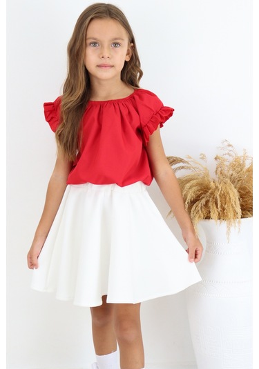 Kız Çocuk Kırmızı Bluz Krem Etek 23 Nisan 29 Ekim Gösteri Takımı Kırmızı-ekru