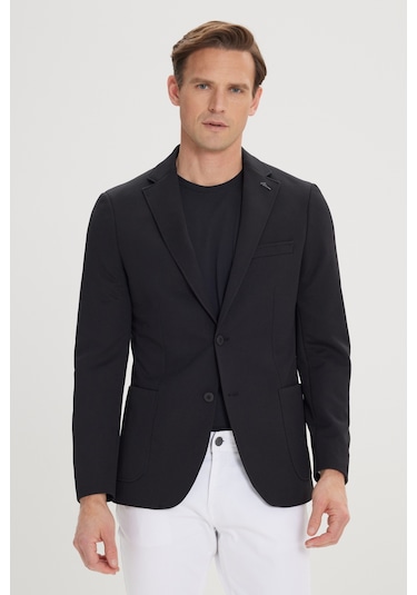 Ac&Co / Altınyıldız Classics Erkek Sıyah Slim Fit Dar Kesim Mono Yaka Casual Ceket Sıyah Siyah