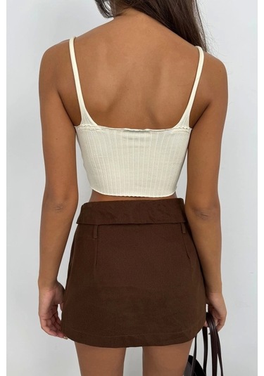 V Yaka Crop Bluz Ekru