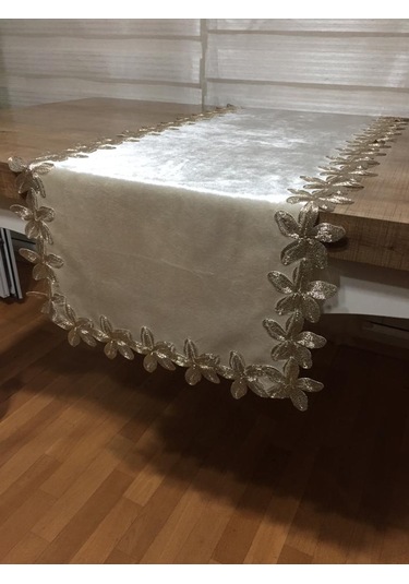 Krem Gelin Çeyiz Dantelli Lüx Kadife Runner