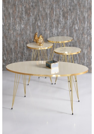 Goldfalez Elips Set  Tel Ayak Zigon ve Orta Sehpa Altın - Krem