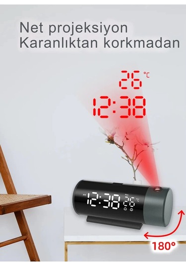 Shopytech Projeksiyonlu Dijital Çalar Saat Çift Alarm Termometre 180 Döner Kırmızı Projeksiyon Otom Siyah
