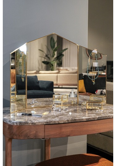 Makyaj Aynası Masaüstü Büyük Pirinç Gold 80x50cm