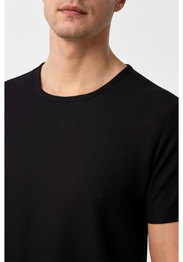 Siyah Slim Fit Armürlü Bisiklet Yaka Tişört-37262 Siyah