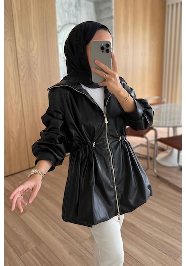 Beli Büzgülü Deri Ceket - Siyah Siyah