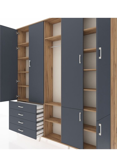 Arges Dolap 14 Raflı 4 Çekmeceli Tek Askılı 220x30x243 Çam-antrasit/antrasit Antrasıt/antrasıt