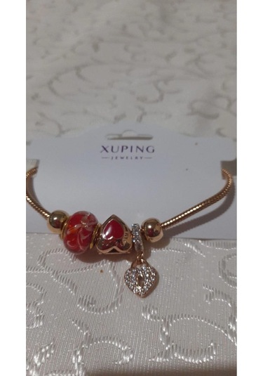 Uzel Xuping Gold Altın Renk Kırmızı Kap, Kırmızı Boncuklu, Taşlı Kalp Charmlı Çelik Bileklik Kırmızı