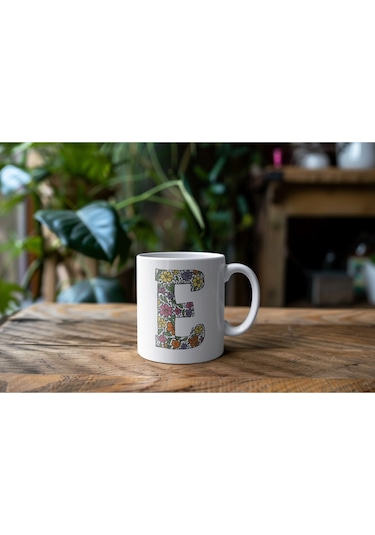 E Baş Harf Çiçek Desenleri İle Natural Tarz Kupa Bardak - Kişiye Özel Çiçekli Kahve Çay Bardak - Beyaz