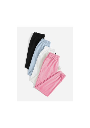 4'lü Basic Düz Eşofman Altı Jogger - Siyah Bebe Mavi Beyaz Pembe Lastik Paça Yüksel Bel Siyah Bebe Mavi Beyaz Pembe