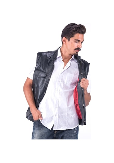 Dericlub E-04 Gür Gerçek Deri Erkek Yelek Siyah