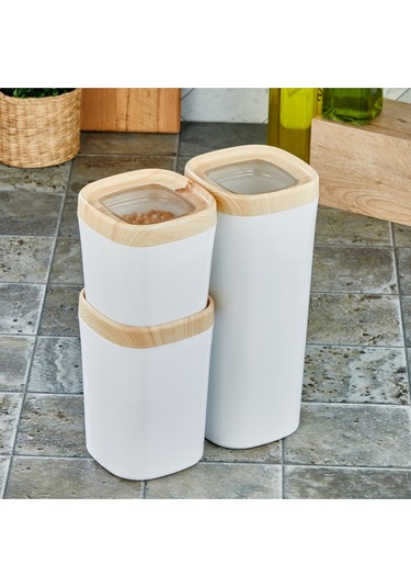 Ceronni Bonny Erzak Saklama Kabı 3lü Set Ahşap Kaplama Kapak Renkli Hazne 1,8lt - 1lt - 600ml Açık Ahşap Ahşap