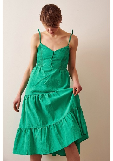 Sırtı Büzgülü Askılı Elbise Yeşil
