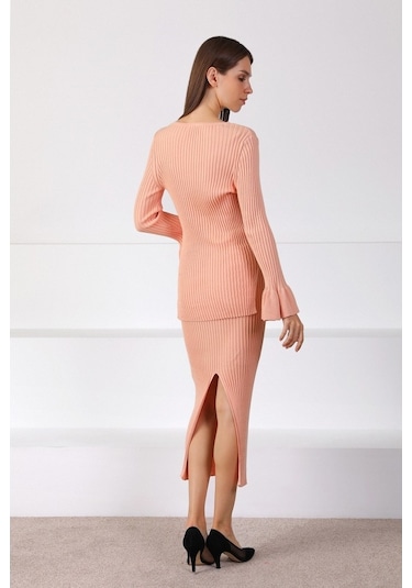 Ferraro Apricot Yırtmaçlı Kadın Triko Etek Pudra