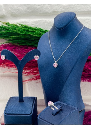925 Ayar Gümüş Pembe Kuvars Taşlı Özel Tasarım 3 Lü Trend Kadın Takı Seti Gümüş