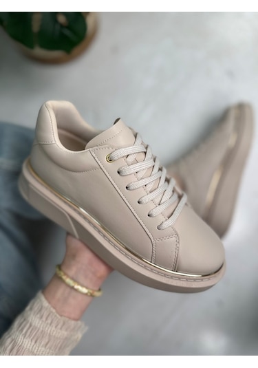 Günlük Kadın Spor Ayakkabı Bağcıklı Hafif Kalın Yüksek Taban Yürüyüş Sneaker 2135 Bej