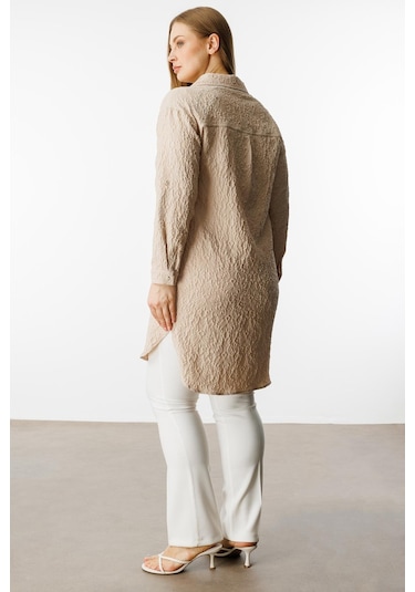 Moda İlgi Kadın Büyük Beden Gofre Kumaş Uzun Tunik 4218 Taş Taş