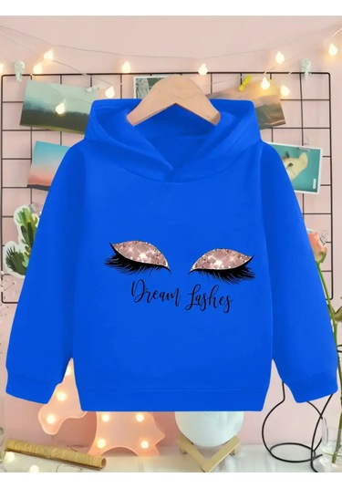 Kışlık Kapüşonlu Sweatshirt, Çocuk Dream Lashes Baskılı Mavi