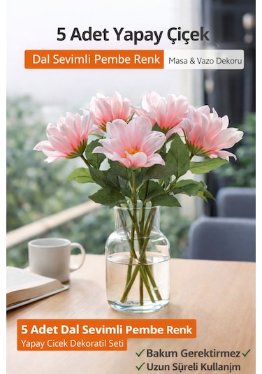5 Adet Yapay Çiçek Dal Sevimli Pembe Renk Masa & Vazo Dekoru