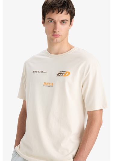 DeFacto %100 Pamuk Initial D Boxy Fit Bisiklet Yaka Sırt Baskılı Kısa Kollu Tişört F2877AX25SMER78