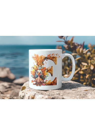 E Harf Sonbahar Yaprak Temalı Kupa Bardak - Sevimli Figürler İle Alfabe Harfli Bardak - Kişiye Özel Beyaz