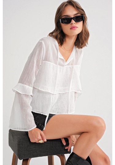 4735 Kadın Uzun Kollu Fırfırlı Bağlamalı Bluz Beyaz Beyaz