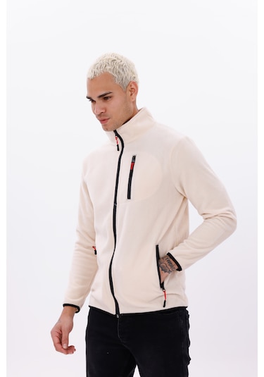 Monox Erkek Biyeli Fermuarlı Spor Polar Ceket Bej